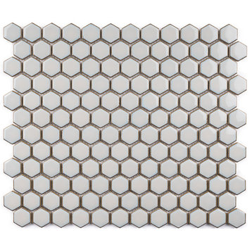 JAPM White Polished Tiny Hexagon Porcelain Mosaic Tile, Gray
