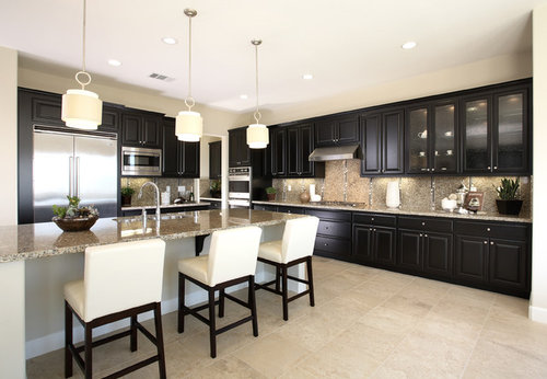 Countertop For Black Kitchen Cabinets, Light Tile Floors And White Cabinets