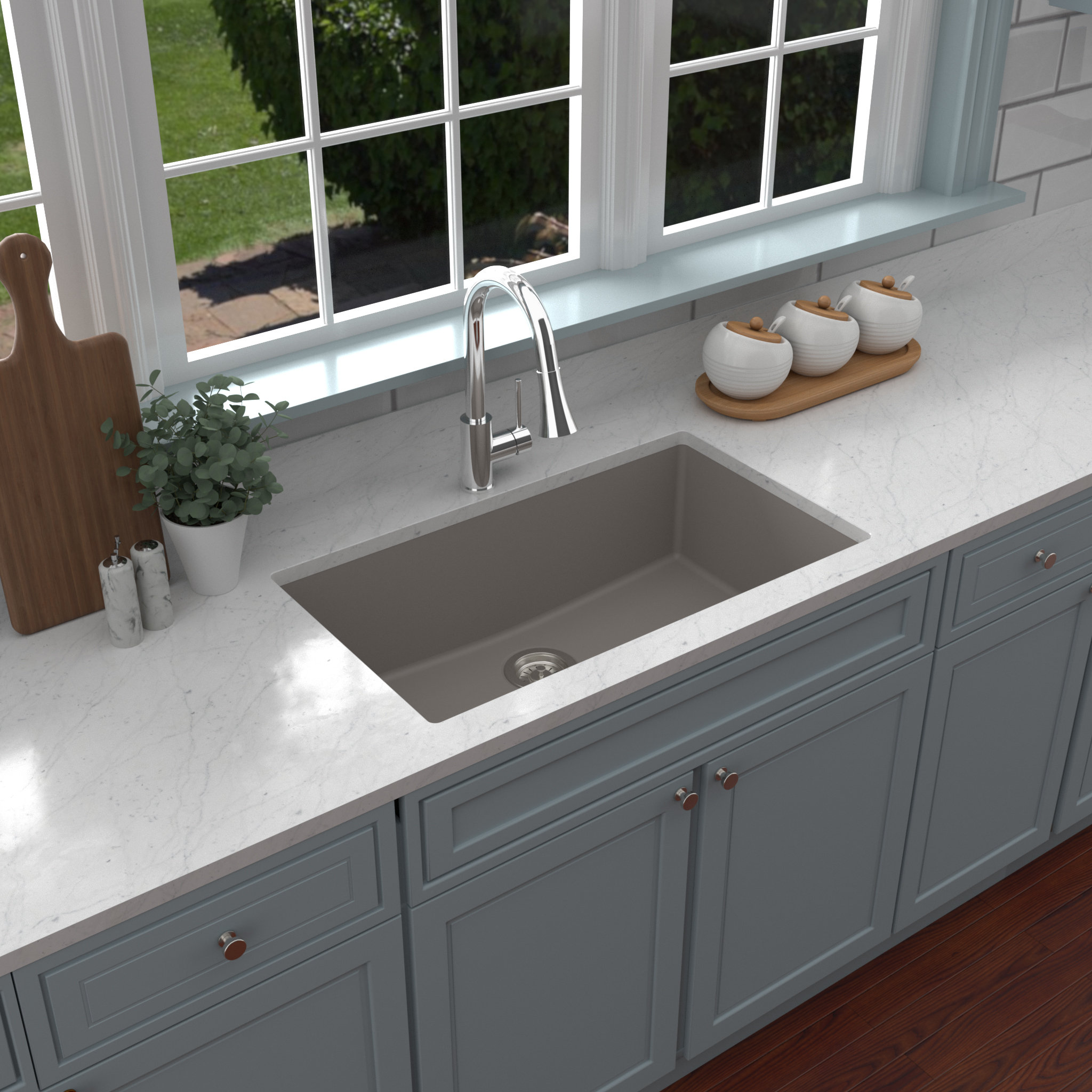 Karran QU-812 Undermount 32.5" Large Single Bowl Quartz Sink Kit, Concrete