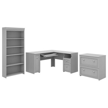 Pemberly Row Engineered Wood L Desk w/ File Cabinet & Bookcase in Cape Cod Gray