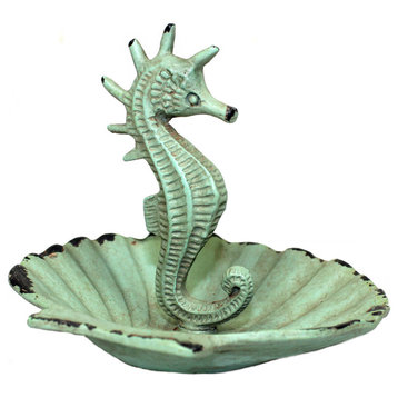 Green Seahorse in Scalloped Shell Jewelry Holder Trinket Dish Painted Metal