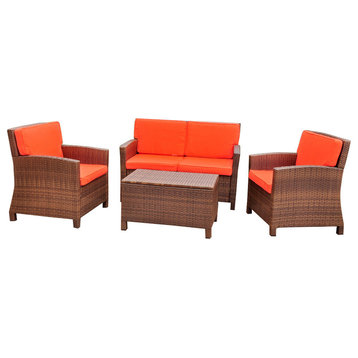 Valencia Settee Set With Cushions, Set of 4-Antique Brown/Tangerine Dream