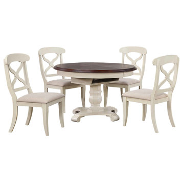 5-Piece 48" Round Or 66" Oval Extendable Dining Set, White and Chestnut Brown