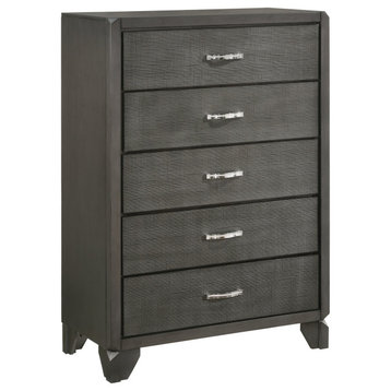 Transitional Vertical Dresser, 5 Large Drawers With Silver Jewelry Pulls, Caviar