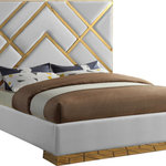 Meridian Furniture - Vector Upholstered Bed, White, King, Vegan Leather - Take your bedroom space to a whole new modern level with this Vector white vegan leather king bed. Posh vegan leather upholstery in a lovely white color is intersected by polished gold metal in a geometric design that is nothing short of spectacular. This stunning bed has a gold metal base to finish off the presentation on a glamorous and upscale note. Full slats are included with the bed to help provide support for your mattress, and the platform footprint ensures you need no box springs or foundation to recreate this look at home.