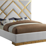 Meridian Furniture - Vector Upholstered Bed, White, King, Vegan Leather - Take your bedroom space to a whole new modern level with this Vector white velvet king bed. Posh velvet upholstery in a lovely white color is intersected by polished gold metal in a geometric design that is nothing short of spectacular. This stunning bed has a gold metal base to finish off the presentation on a glamorous and upscale note. Full slats are included with the bed to help provide support for your mattress, and the platform footprint ensures you need no box springs or foundation to recreate this look at home.