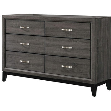 Contemporary Double Dresser, 6 Drawers With Metal Pull Handles, Grey Oak/Black