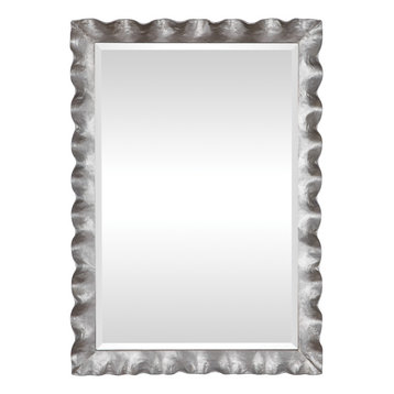 Large Silver Scalloped Edge Vanity Mirror, 40" Curved Black Vanity Metal