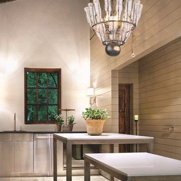 121 Main, Chandelier made with Pressed Glass Bottles in Dining Room