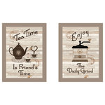 Trendy Decor4U - "Enjoy Tea Time" 2-Piece Vignette by Millwork Engineering, Taupe Frame - Enjoy Tea Time is a 2 piece grouping of coffee and tea kitchen decor by the designers at Trendy D cor 4U, in matching 10 x 14 taupe color frames. This attractive set includes "Tea Time is Friend's Time" with a teapot and teacups, and "The Daily Grind" which shows an antique hand crank coffee grinder. The surface of the prints are textured with a fade resistant coating so no glass is necessary. Arrives ready to hang. Made in the USA by skilled American workers.