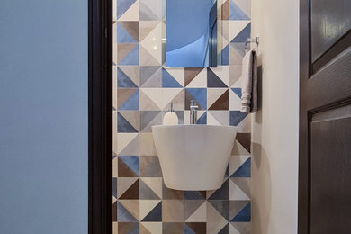 Small trendy 3/4 blue tile and porcelain tile ceramic tile, beige floor and single-sink bathroom photo in Other with white cabinets, white walls and a floating vanity