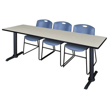 Cain 84"x24" Training Table, Maple and 3 Zeng Stack Chairs, Blue