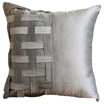 Gray Art Silk 18"x18" Basket Weave & Pintucks Pillows Cover, Gray Silver Bricks