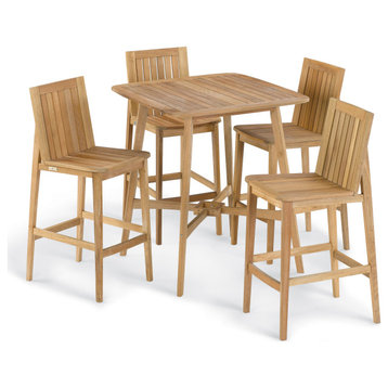 Islay 5-Piece Teak 36" Bar Table and Bar Chair Square Wooden Dining Set