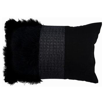 Black Faux Leather Suede 12"x22" Oblong Sofa Pillow Case Feather - Wicked Black