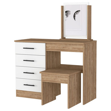 Merlot 4-Drawer Dressing Table with Mirror and Stool, White/ Pine