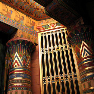 Example of a huge eclectic open concept home theater design in Boise with multicolored walls and a projector screen