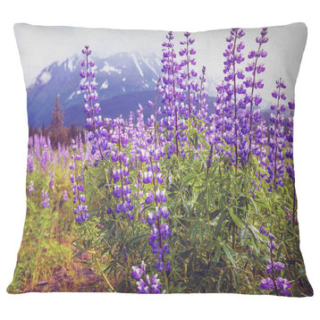 Meadow in Alaska With Purple Flowers Floral Throw Pillow, 18"x18"