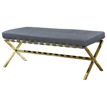 Contemporary Accent Bench, Elegant Crossed Trestle Golden Base & PU Seat, Gray