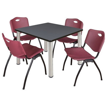 Kee 42" Square Breakroom Table, Gray, Chrome and 4 'M' Stack Chairs, Burgundy