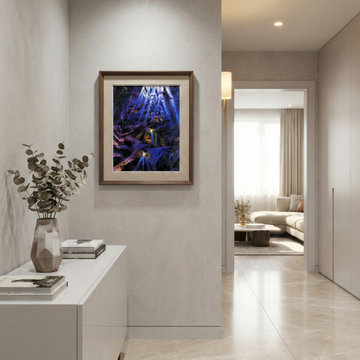 Contemporary Hallway with Striking Blue Artwork and Marble Floors