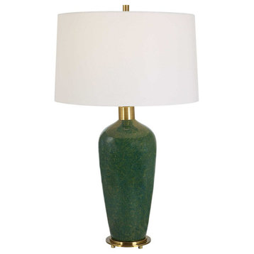 Classic Mottled Dark Green Gloss Ceramic Table Lamp 29 in Moss Antiqued Brass