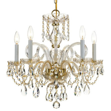 Traditional Crystal 5 Light Chandelier, Polished Brass Finish