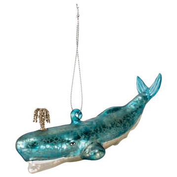 Blue Whale With Silver Spout Glass Christmas Holiday Ornament 5.5 Inches