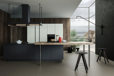 Example of a mid-sized trendy concrete floor enclosed kitchen design in Other with an undermount sink, flat-panel cabinets, white cabinets, quartzite countertops, stainless steel appliances and an island