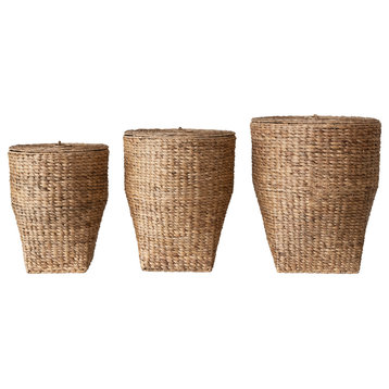Hand-Woven Water Hyacinth Laundry Baskets With Lid, Natural, Set of 3