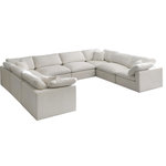 Meridian Furniture - Plush Velvet / Down Standard Comfort 8-Piece U-Shaped Modular Sectional, Cream - No matter how big or little the size of your gang, they can all find their sweet spot when you choose pieces from the Plush collection to build your ideal seating group. Choose this eight-piece set or pair multiple pieces together to get the custom look everyone will love. The soft cream velvet material is soft and welcoming to the touch, and the set's cushions are overstuffed with a down and feather blend to provide ample support for tired bodies.