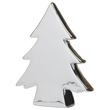 6.5" Tall "Teton" Ceramic Christmas Tree Tabletop Decoration, Silver, Set of 2