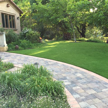 Artificial Turf Front Yard Lawn and Paver Entry Walkway Atherton CA