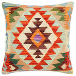 Bareens Designer Rugs - Boho Chic Turkish Alica Hand Woven Kilim Throw Pillow - Embellish your home with this timeless casual chic handmade Southwestern Kilim throw pillow covers made with and cotton. Constructed on a loom by Nomad Turkman people with hand spun and Natural Vegetable dyes these beautiful Kilim pillow covers are known for their beautiful repetitive geometrical, naturalistic floral and traditional patterns yet still giving it a moden look. Masterfully artisan-crafted on traditional Kilim looms with a contemporary fashion palette producing bold intricate sharp patterns making them a standout piece in any decor.