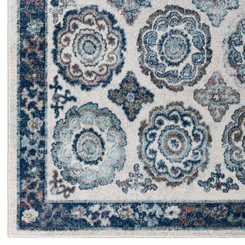Ivory and Blue Entourage Odile Distressed Floral Moroccan Trellis 5x8 Area Rug