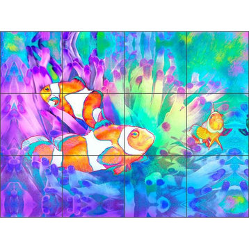 Ceramic Tile Mural Backsplash, Clown Fish by Tom duBois, 32"x24"