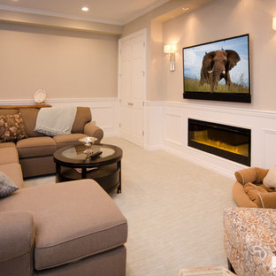 Small classic fully buried basement in Detroit with beige walls, carpet, a ribbon fireplace, a wooden fireplace surround and beige floors.
