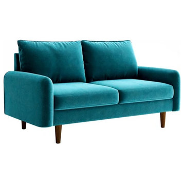 Retro Modern Loveseat, Tapered Legs With Comfy Upholstered Seat, Dark Cyan