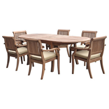 7-Piece Outdoor Teak Dining Set: 94" Oval Ext Table, 6 Arbor Stacking Arm Chairs