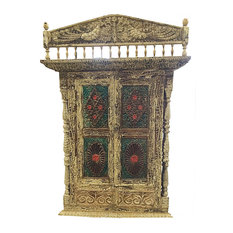 Mogul Interior - Consigned, Indian Jharokha Carved Peacock Rustic Architectural Window Door - Front Doors