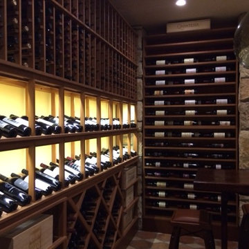 Wine Enthusiast Custom Cellar Built Into Stone; All Heart Redwood w/ Light Stain