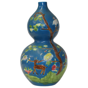 Chinese Matte Cyan Blue Ceramic Scenery Graphic Painting Gourd Vase Hws804