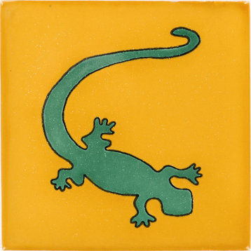 Handmade Tierra y Fuego Ceramic Tile, Green Gecko in Yellow, Set of 9
