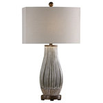Uttermost - Katerini Table Lamp, Set of 2 - Ribbed ceramic base finished in a crackled, mushroom gray, dripped glaze accented with rustic bronze details. The oval hardback shade is a light beige linen fabric with natural slubbing and straight sides. Due to the nature of fired glazes on ceramic lamps, finishes will vary slightly.