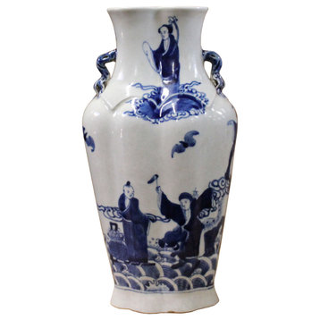 Chinese Blue White Porcelain Eight Immortal Graphic Flat Body Vase Hws399