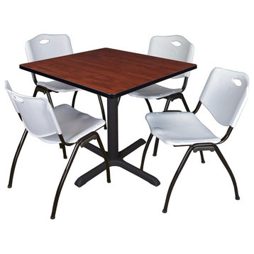 Cain 42" Square Breakroom Table, Cherry and 4 'M' Stack Chairs, Gray