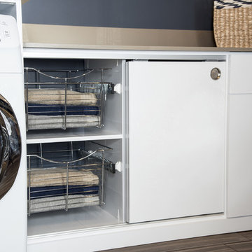 Laundry Room with Pull-Out Wire Baskets and Sliding Door