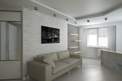 На фото: маленькая двухуровневая гостиная комната в современном стиле с белыми стенами, полом из ламината, мультимедийным центром и бежевым полом для на участке и в саду с