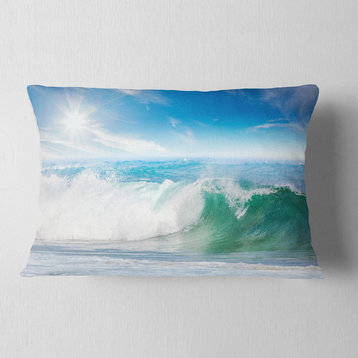White and Blue Waves under Sun Seascape Throw Pillow, 12"x20"