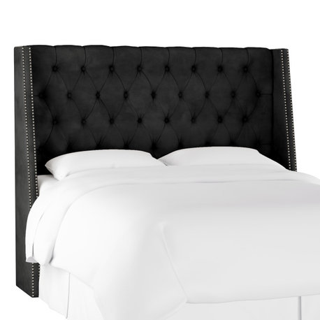 Williams King Nail Button Tufted Wingback Headboard, Velvet Black